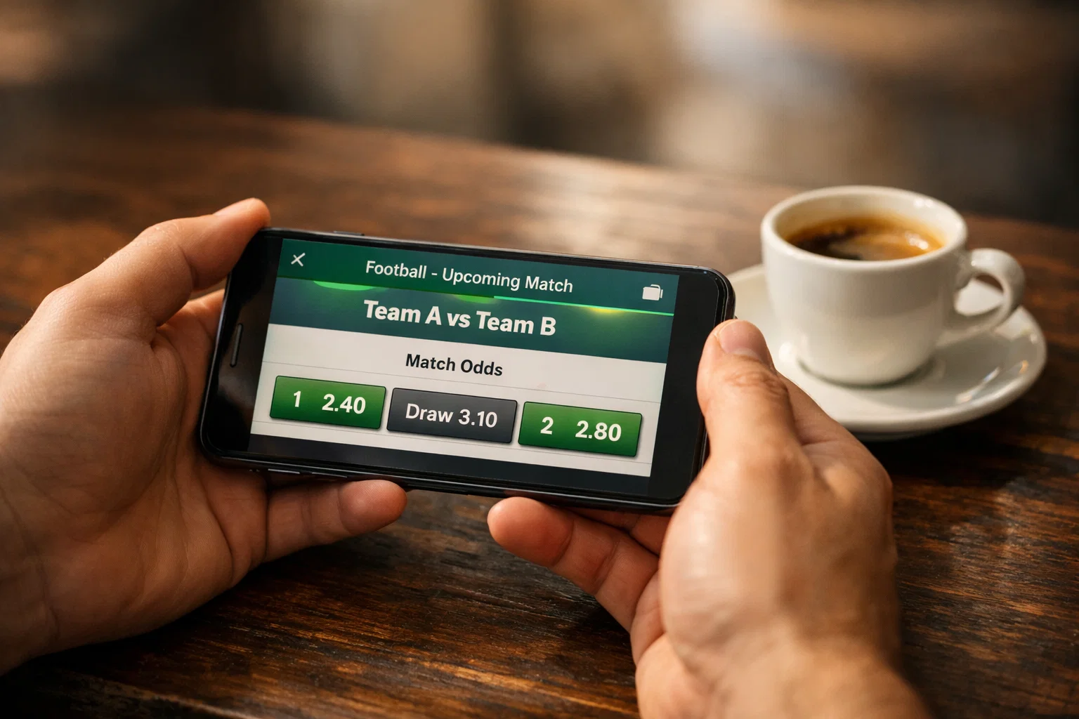 Smartphone mit Sportwetten-App und Bitcoin-Symbol auf einem Tisch