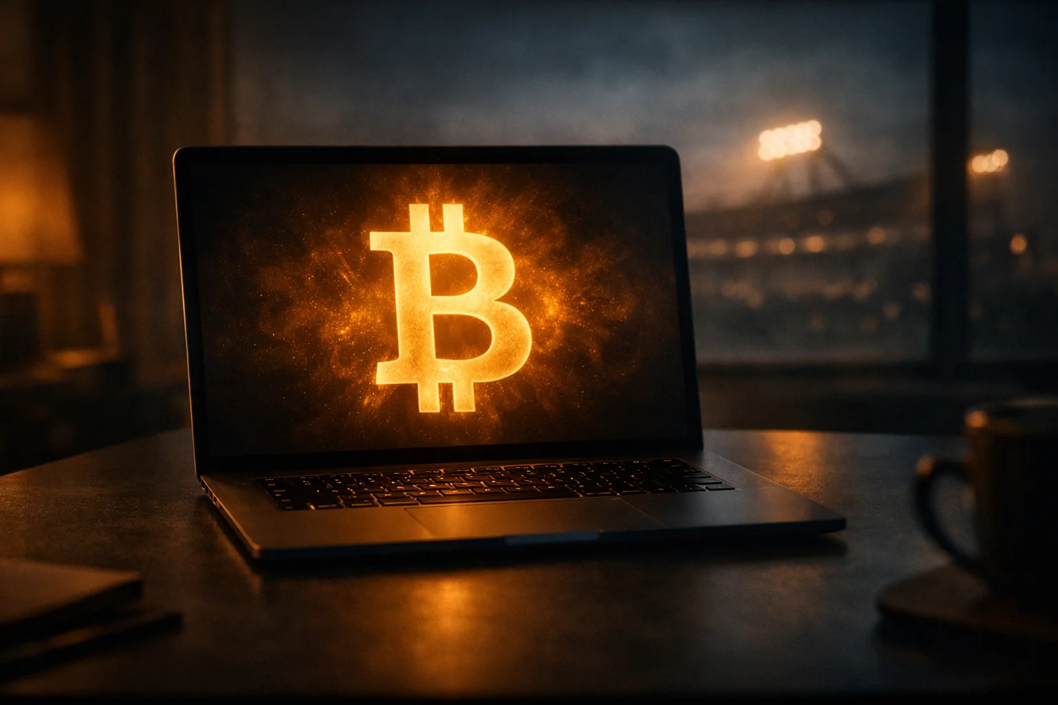 Laptop auf dunklem Schreibtisch mit Bitcoin-Logo und Sportwetten-Interface bei dramatischem Licht