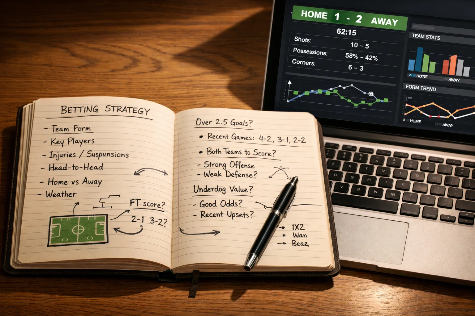 Notizbuch mit Wettstrategie-Notizen neben einem Laptop mit Sportstatistiken