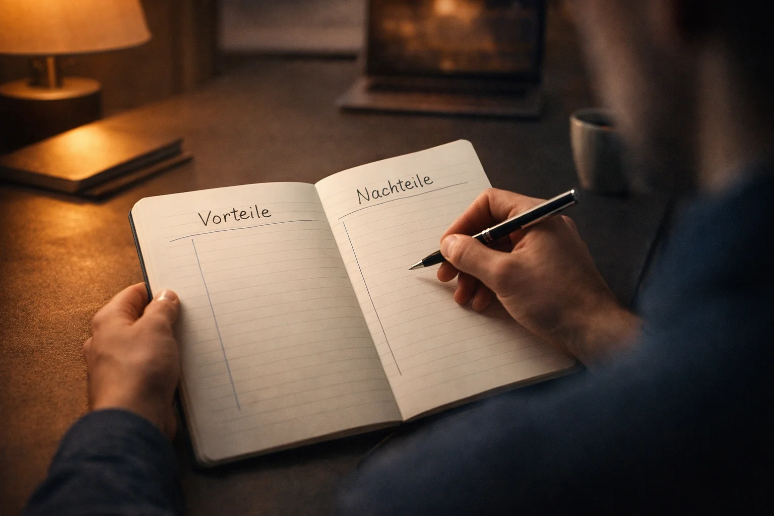 Person am Schreibtisch wägt Vor- und Nachteile von Krypto-Sportwetten ab, Pro-Contra-Liste sichtbar