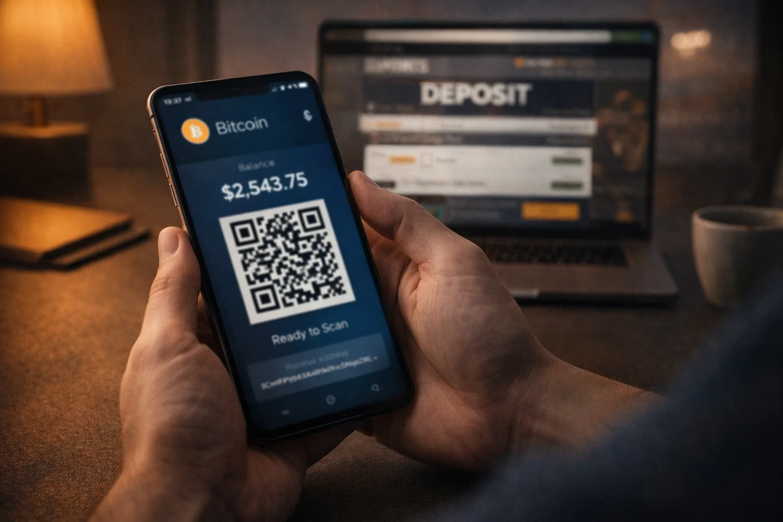 Smartphone mit geöffneter Bitcoin-Wallet-App zeigt QR-Code-Scan für Einzahlung bei einem Wettanbieter