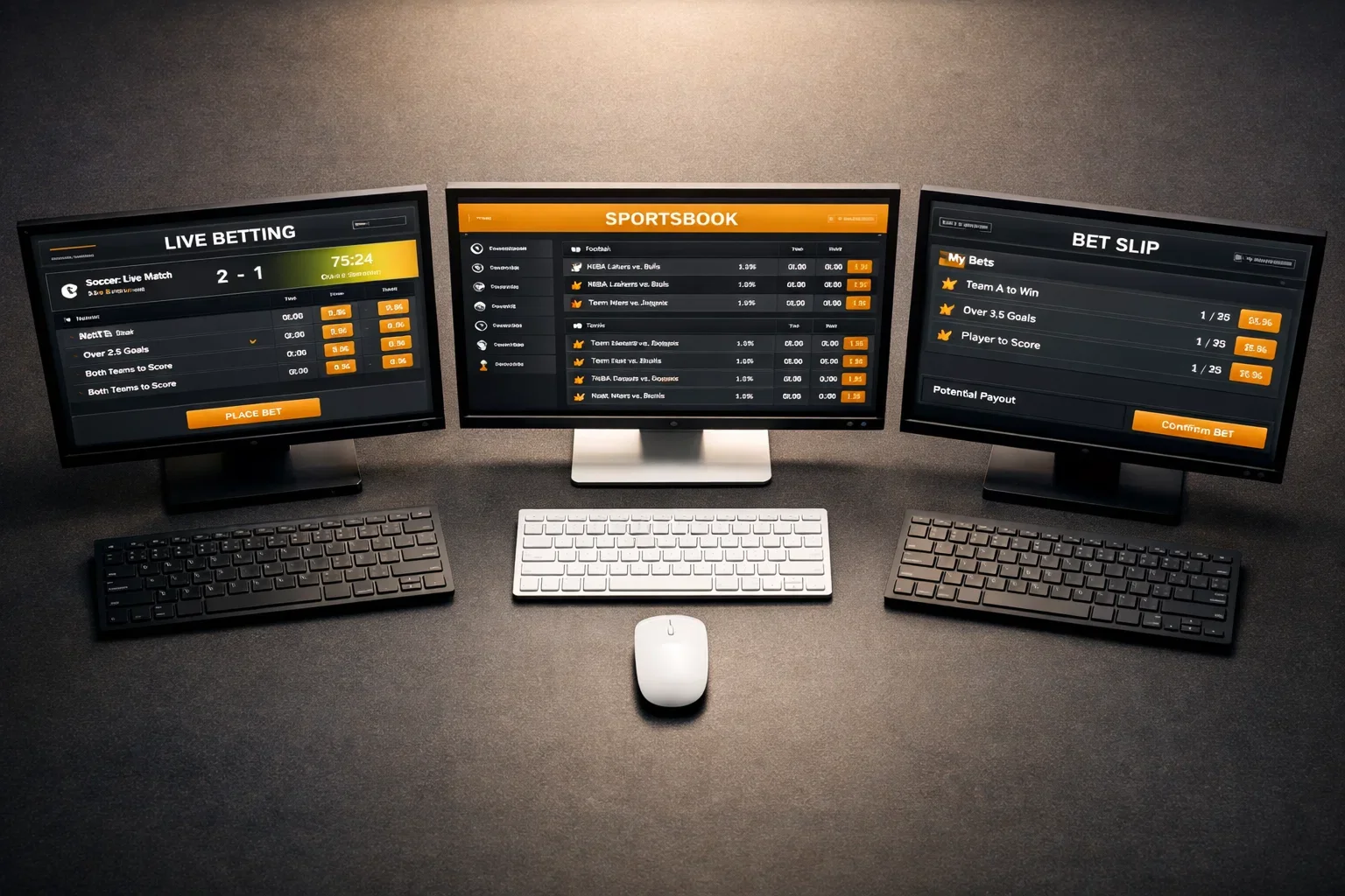 Mehrere Bildschirme zeigen verschiedene Krypto-Wettplattformen nebeneinander zum Vergleich