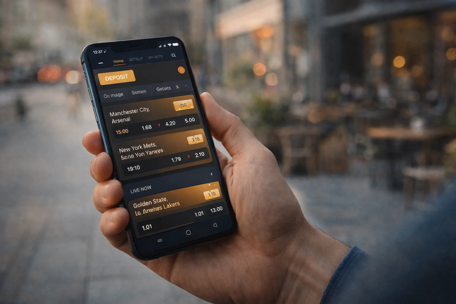 Hand hält Smartphone mit mobiler Sportwetten-App und Bitcoin-Einzahlung unterwegs