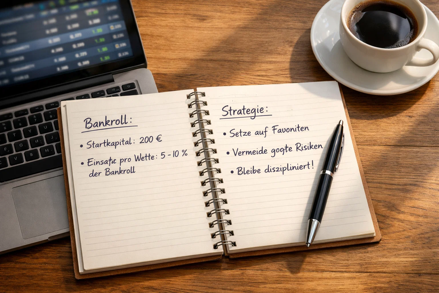 Notizbuch mit Wettstrategie und Bankroll-Management-Plan neben einem geöffneten Laptop mit Quoten